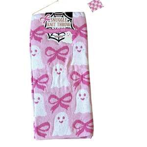 New ENVOGUE Ghost Bow Throw 50x70 Chic Plush Pink Halloween Cozy Girly Blanket